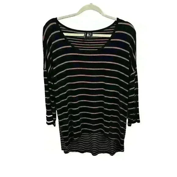 Cynthia Rowley Womens LG Tunic Rayon Top Black Tan Striped 3/4 Sleeve Hi Low Hem - Picture 1 of 10